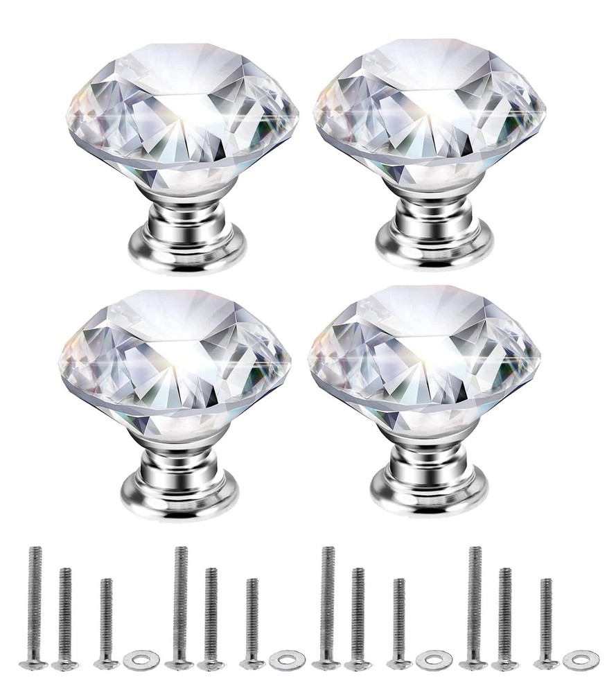 Mtsooning 40mm Crystal Glass Knob, 4PCS Diamond Shape Pulls, 4 Pcs, Clear