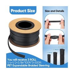 300 Feet 1/4, 1/2, 3/8 Inches Braided Wire Loom PET Cable Loom … USA Fast Ship