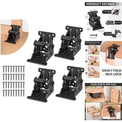 4 Pack Self-Lock Hinge Brackets for Folding Table & Bed Legs Black Steel