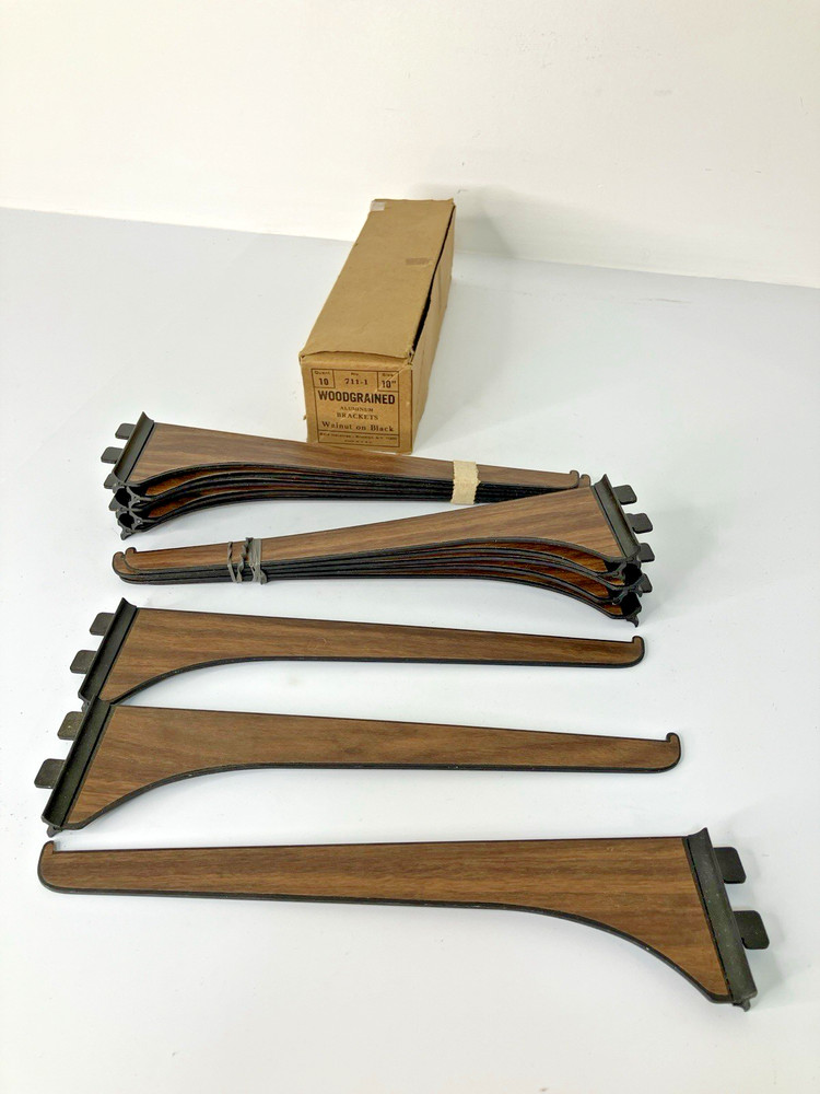 Vintage Aluminum Metal Shelf Brackets Woodgrained 10″ #711-1 BOX 10 +3 ~ NOS