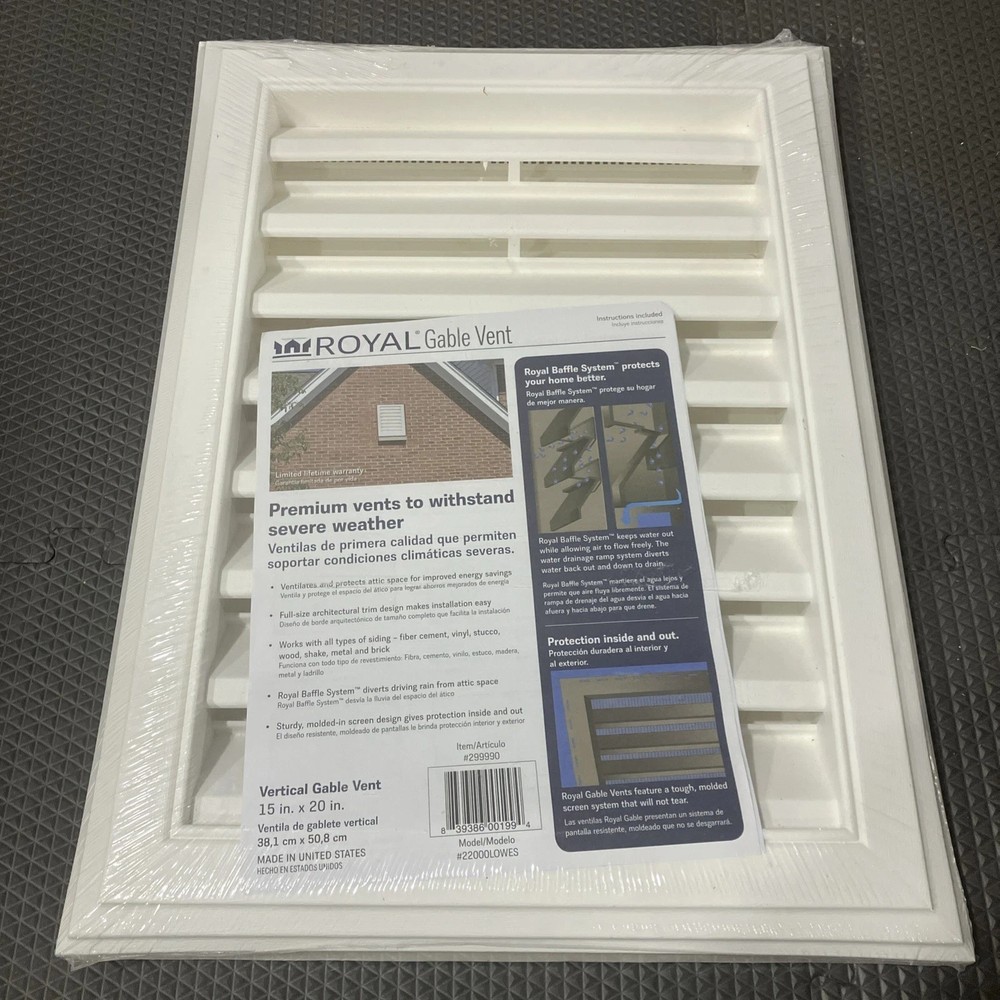 (15″ W x 20″ H) Gable Vent White Vinyl Rectangle Royal w/ J Channel- New