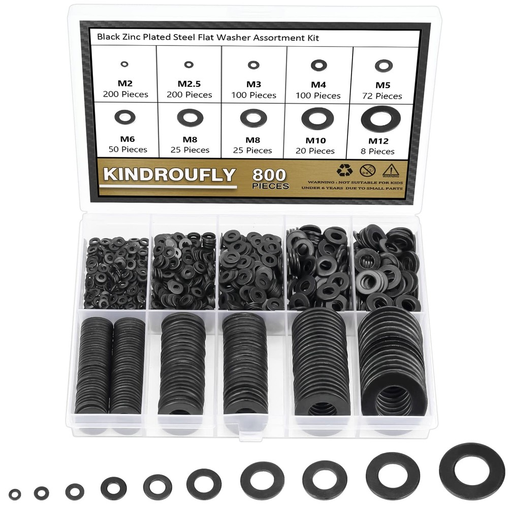 800 Pieces Black Zinc Plated Steel Flat M2 M2.5 M3 M4 M5 M6 M8 M10 M12,