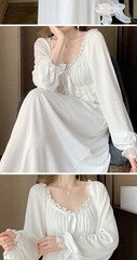 Womens Vintage Cotton Nightgown Long Sleeve Night Dress Loose White Nightdress