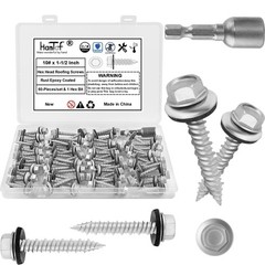 Metal Roofing Screws #10 × 1-1/2 Inch, 60-PCS, Hex Head x 1-1/2″, Grey