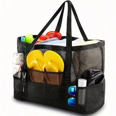 Large Capacity Waterproof Mesh Beach Tote Bag 1Pc Black For Travel Vacation