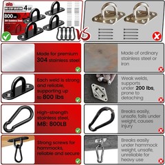 Sprookber 304 Stainless Steel Pad Eye Snap Hooks M6 Heavy Duty Ceiling Hooks