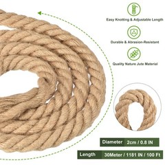 Natural Jute Rope, 25/32 in x 100 Ft Thick Twisted Manila Rope Multipurpose