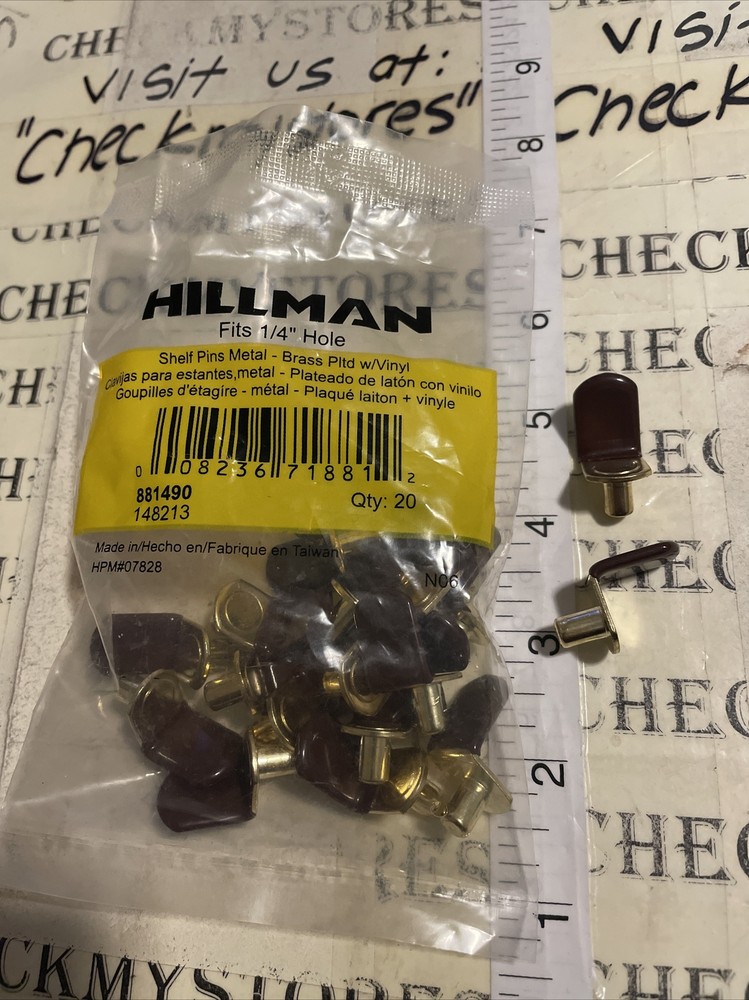 New 20PK Hillman Brass Plated Metal W/Vinyl Shelf Pins Metal Fits 1/4” Hole