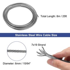 1/4″ (6mm) 25ft (8m) 304 Stainless Steel Cable Wire Rope 7 x 19 Strands