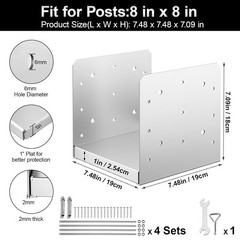 Stainless Steel Post Base 4Pcs Adjustable 8×8 Inch Anchor