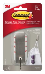 3M Command Decorative Hook Medium Brushed Nickel Hook 3 LB. capacity 17034BN-ES