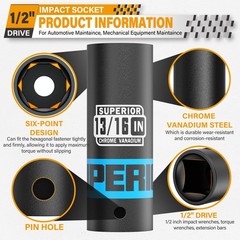 1/2″ Drive Impact Socket, 13/16 inch Deep Socket, SAE, 6 Point, CR-V, for Car…