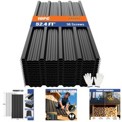 Corrugated Metal Roofing Panels 10Pcs 52.4 Ft² Black Galvanized Steel Roof Panel
