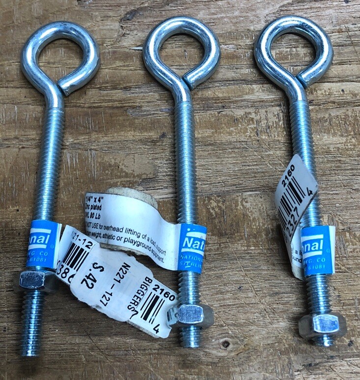 New National Eye Bolt, Zinc, 1/4 x 4-In. Set of 3 #N221-127.