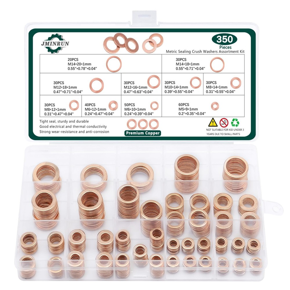 350 PCS, Premium M5, M6, M8, M10, M12, M14, Copper Washers – Metric – 350 Pcs