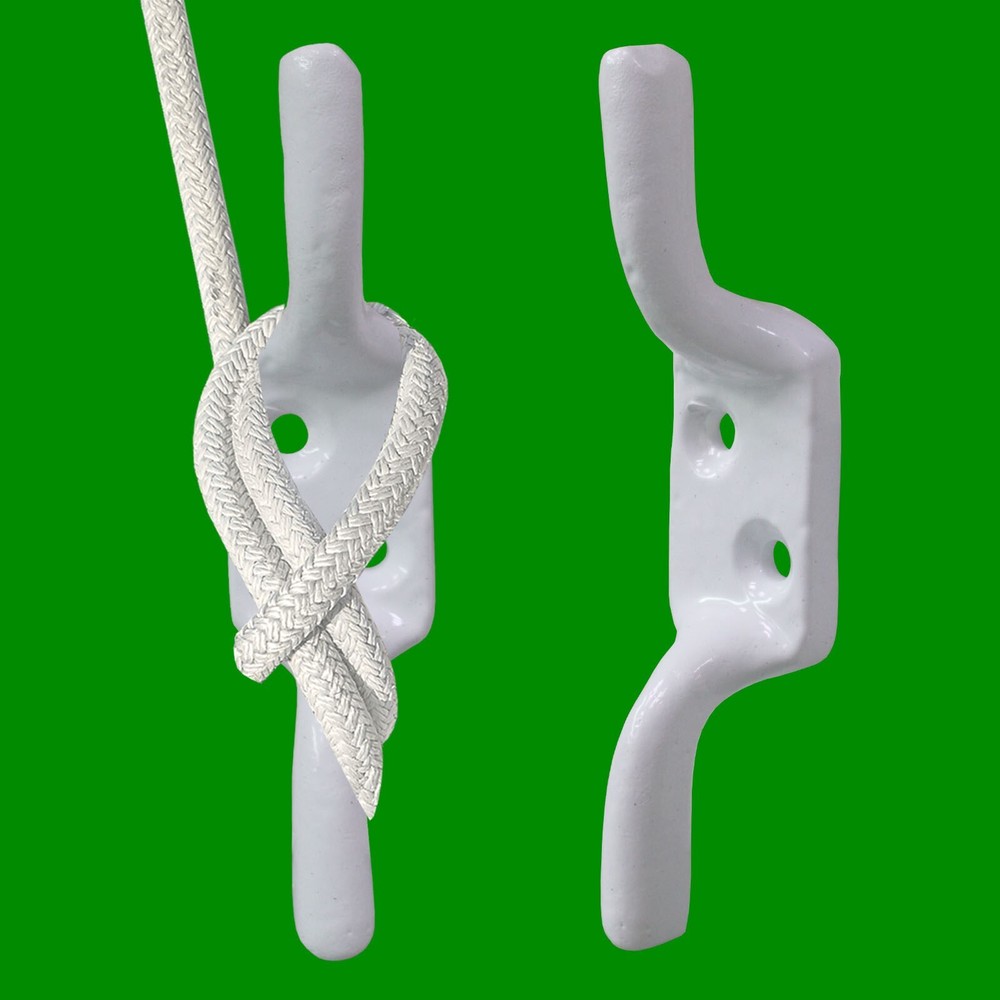 4x 100mm (4″) White Cast Iron Cleat Hook, Flag Pole Rope Halyard Washing Line