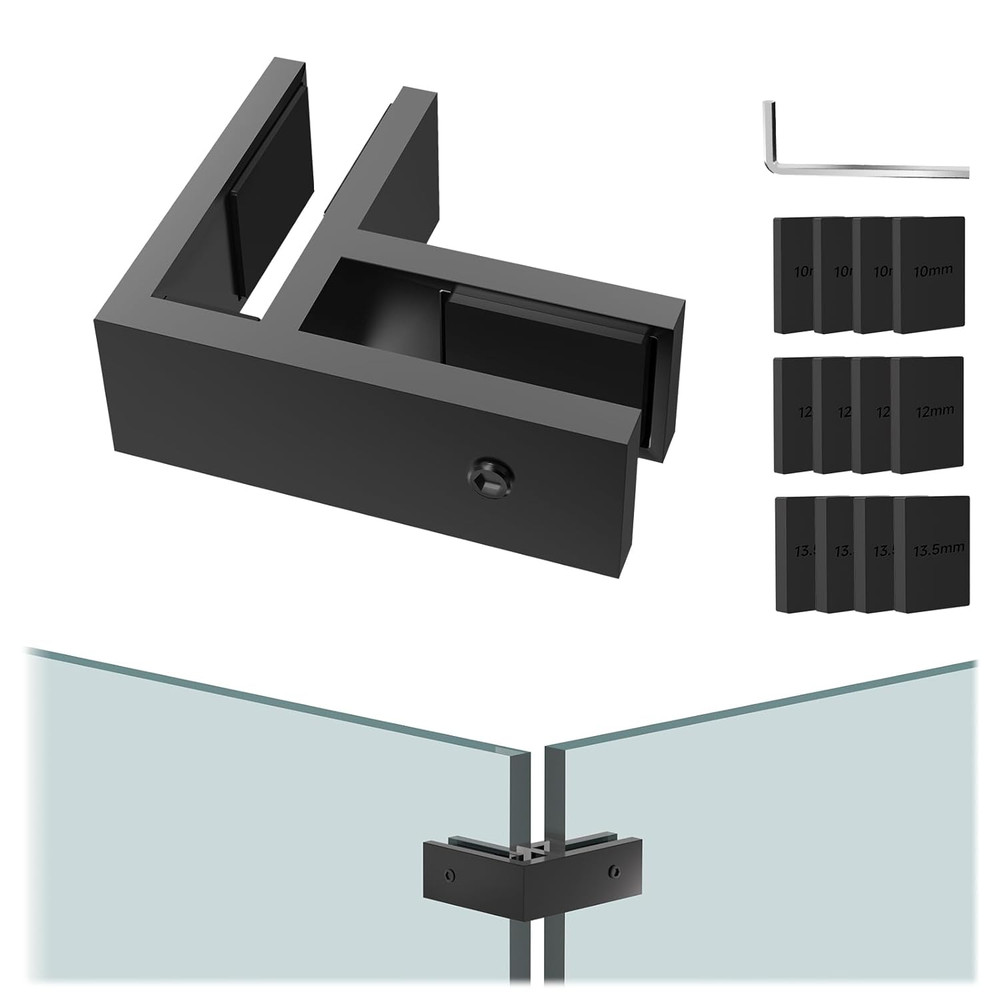 1 Pack Black 90 Degree Railing Glass to Glass Clamp No Drilled Required, T304 Ra
